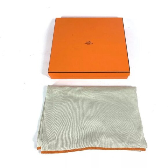 HERMES Bicolor Shawl Stole / Shawl Scarf silk Light GreenBased/Orange - Picture 1 of 11